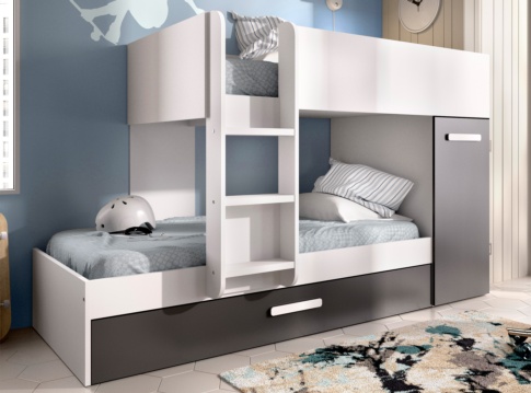 Dormitorio juvenil completo Elliot (cama nido con somieres  +armario+escritorio) de color blanco
