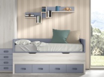 Dormitorio Juvenil con cama nido, armario rincón, Librería Tv, arcón y  escritorio